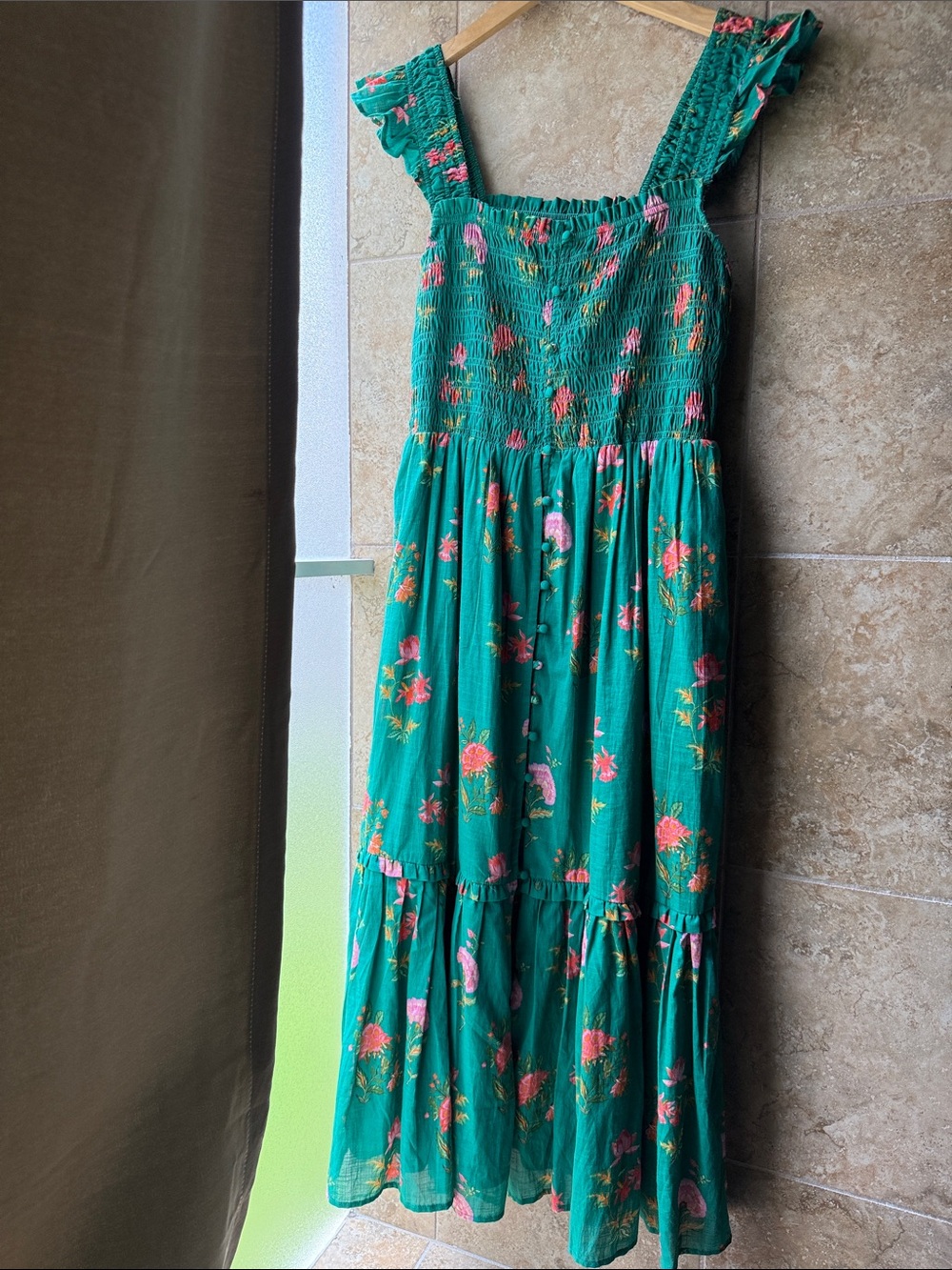 Anthropologie Peregrine Square Neck Midi Dress Pockets Smocked Flounce Teal Pink - Picture 3 of 16
